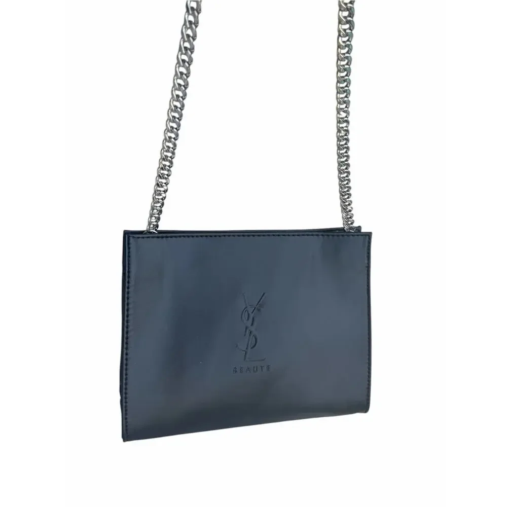 YSL Beauté Black Convertible Crossbody Clutch Bag w/ Silver Chain